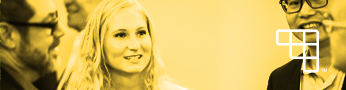 close up of faces smiling and networking with people standing in circle with yellow color overlay