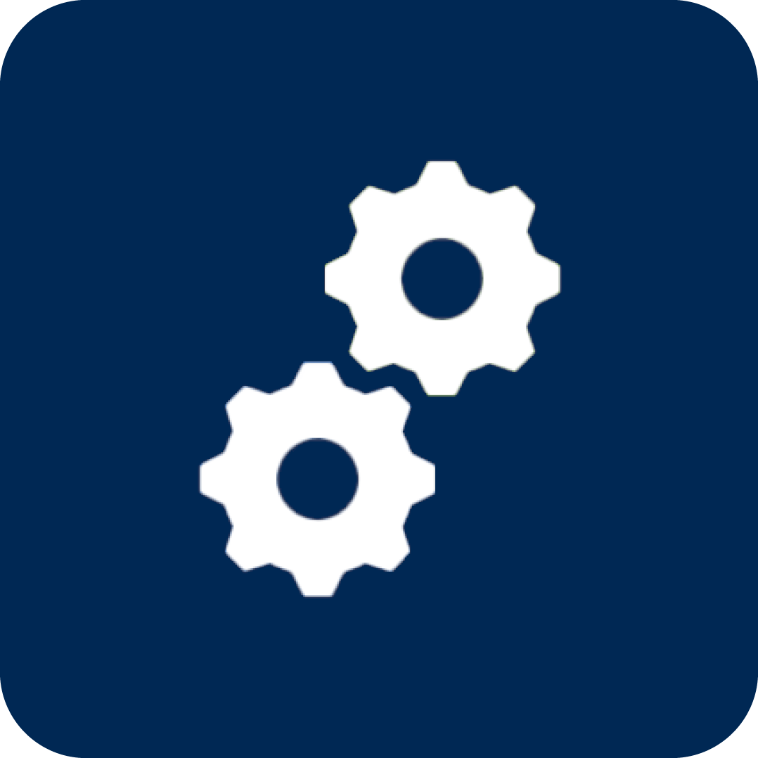 white gear icon on navy background